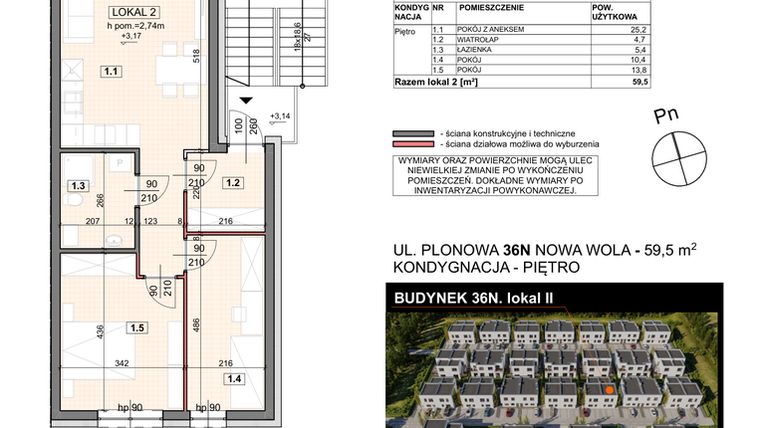 Rzut - Mieszkanie na sprzedaż 3 pokoje o powierzchni 59,5 m² - numer 36N/2 w Zespół willowy Zielona Polana - etap 6