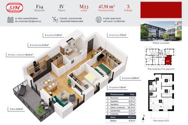 Rzut - Mieszkanie na sprzedaż 3 pokoje o powierzchni 47,91 m² - numer 23 w Tęczowy Zakątek F-14