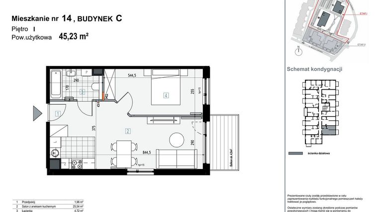 Rzut - Mieszkanie na sprzedaż 2 pokoje o powierzchni 45,23 m² - numer C14 w Apartamenty Kopernika