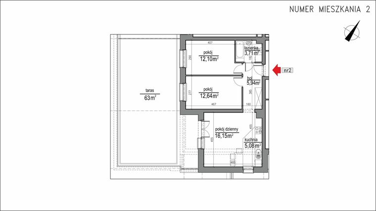Rzut - Mieszkanie na sprzedaż 3 pokoje o powierzchni 55,62 m² - numer 1m.2 w Osiedle Rytm