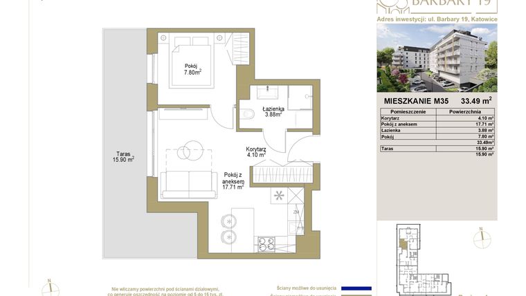 Rzut - Mieszkanie na sprzedaż 2 pokoje o powierzchni 33,49 m² - numer 35 w Barbary 19