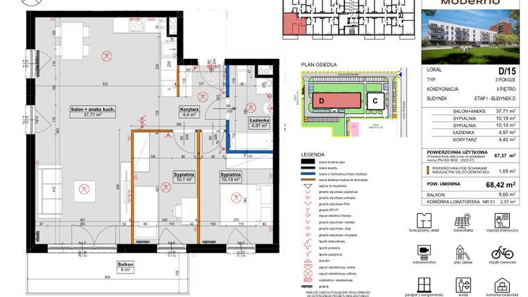 Rzut - Mieszkanie na sprzedaż 3 pokoje o powierzchni 68,42 m² - numer D.15 w Osiedle Moderno