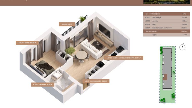 Rzut - Mieszkanie na sprzedaż 2 pokoje o powierzchni 38,05 m² - numer 25 w Apartamenty Częstochowska