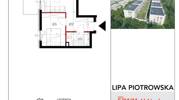 Rzut - Mieszkanie na sprzedaż 2 pokoje o powierzchni 44,16 m² - numer C/1/11 w Lipa Piotrowska