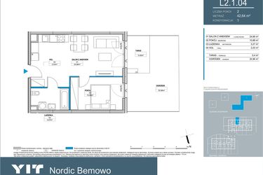 Rzut - Mieszkanie na sprzedaż 2 pokoje o powierzchni 42,64 m² - numer L2.1.04 w Nordic Bemowo - etap III