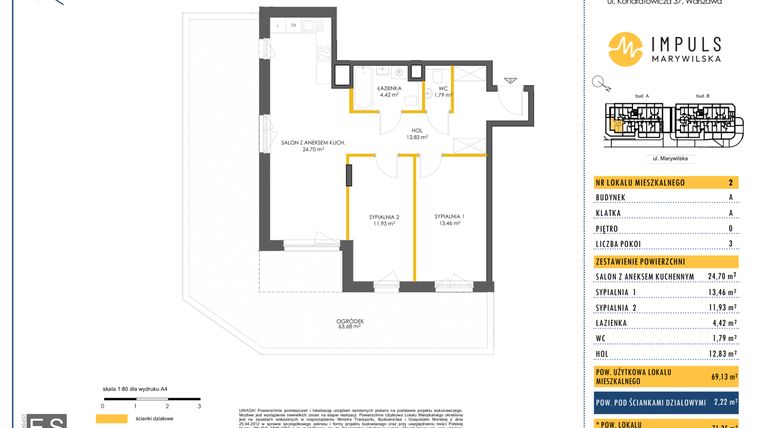 Rzut - Mieszkanie na sprzedaż 3 pokoje o powierzchni 69,13 m² - numer A/2 w Impuls Marywilska