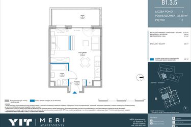 Rzut - Mieszkanie na sprzedaż 1 pokój o powierzchni 33,84 m² - numer B.1.3.5 w Meri Apartamenty