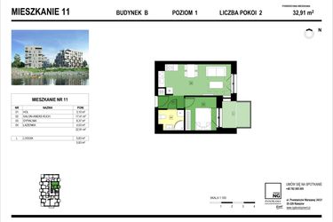 Rzut - Mieszkanie na sprzedaż 2 pokoje o powierzchni 32,91 m² - numer B.11 w Panorama Kwiatkowskiego River