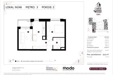 Rzut - Mieszkanie na sprzedaż 2 pokoje o powierzchni 43,11 m² - numer M246 w Osiedle Witaj etap II