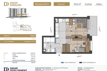 Rzut - Mieszkanie na sprzedaż 2 pokoje o powierzchni 39,02 m² - numer 75 w Osiedle Dakar Karolina