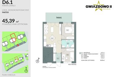 Rzut - Mieszkanie na sprzedaż 3 pokoje o powierzchni 45,39 m² - numer D6.1 w Gwiazdowo II