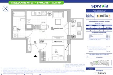 Rzut - Mieszkanie na sprzedaż 2 pokoje o powierzchni 37,71 m² - numer B1.23 w Osiedle Bokserska 2