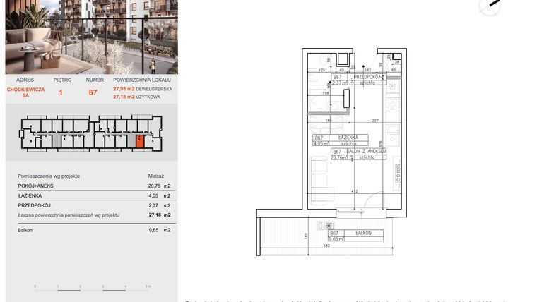 Rzut - Mieszkanie na sprzedaż 1 pokój o powierzchni 27,18 m² - numer B67 w Symfonia - Chodkiewicza 9