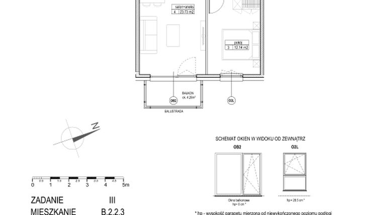 Rzut - Mieszkanie na sprzedaż 2 pokoje o powierzchni 45,22 m² - numer B.2.2.3 w Atut III