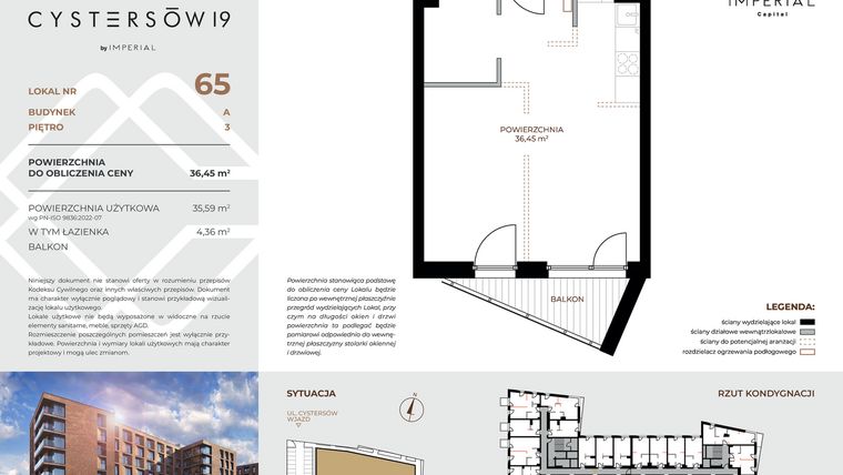 Rzut - Mieszkanie na sprzedaż 1 pokój o powierzchni 36,45 m² - numer 65 w Cystersów 19 - lokale inwestycyjne