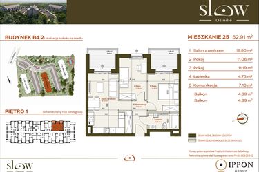 Rzut - Mieszkanie na sprzedaż 3 pokoje o powierzchni 52,91 m² - numer B4.2.25 w Osiedle SLOW