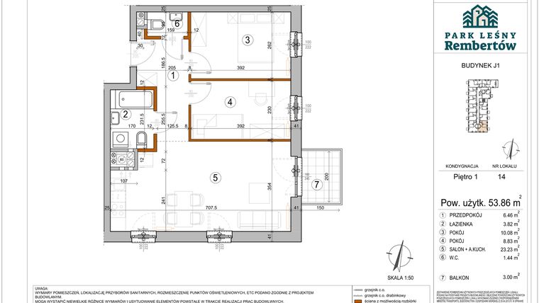 Rzut - Mieszkanie na sprzedaż 3 pokoje o powierzchni 53,86 m² - numer J1-14 w Park Leśny Rembertów etap VIII