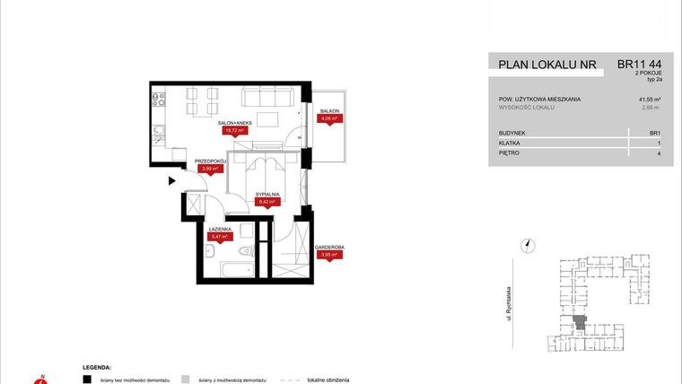 Rzut - Mieszkanie na sprzedaż 2 pokoje o powierzchni 41,55 m² - numer BR11/44 w Browary Wrocławskie 2