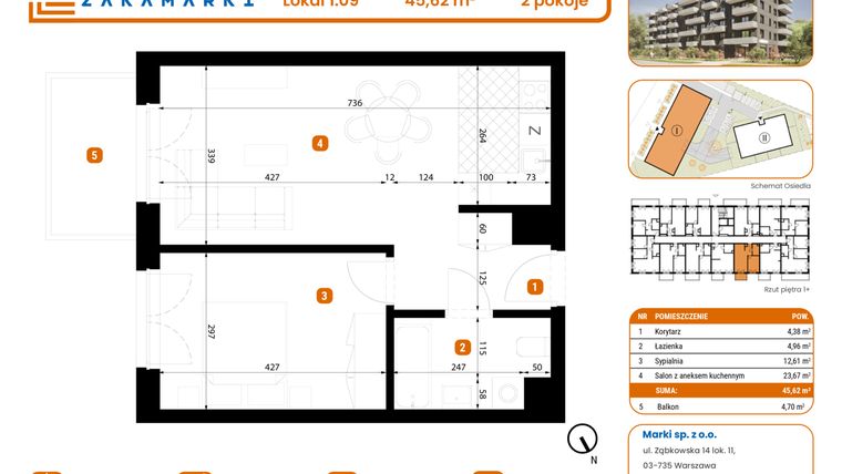Rzut - Mieszkanie na sprzedaż 2 pokoje o powierzchni 45,62 m² - numer B1/1/09 w Zakamarki