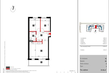 Rzut - Mieszkanie na sprzedaż 3 pokoje o powierzchni 57,45 m² - numer 51 w Mochtyńska 56
