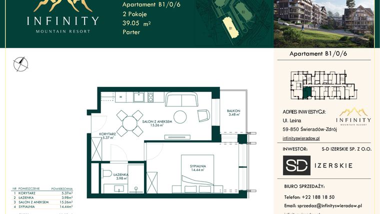 Rzut - Mieszkanie na sprzedaż 2 pokoje o powierzchni 39,05 m² - numer B1/0/6 w Infinity Mountain Resort etap 2