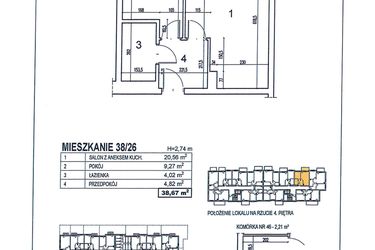 Rzut - Mieszkanie na sprzedaż 2 pokoje o powierzchni 38,67 m² - numer 38/26 w Osiedle Jodłowa bud. D
