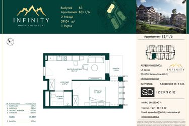 Rzut - Mieszkanie na sprzedaż 2 pokoje o powierzchni 39,04 m² - numer B3.1.6 w Infinity Mountain Resort