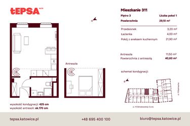 Rzut - Mieszkanie na sprzedaż 1 pokój o powierzchni 29,1 m² - numer M311 w Tepsa Kato