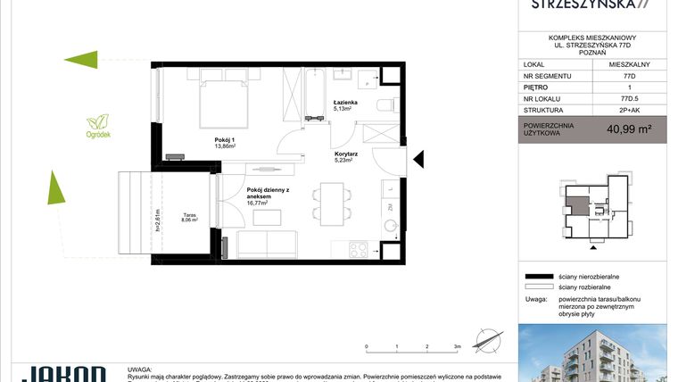 Rzut - Mieszkanie na sprzedaż 2 pokoje o powierzchni 40,99 m² - numer 77D.5 w Strzeszyńska 77