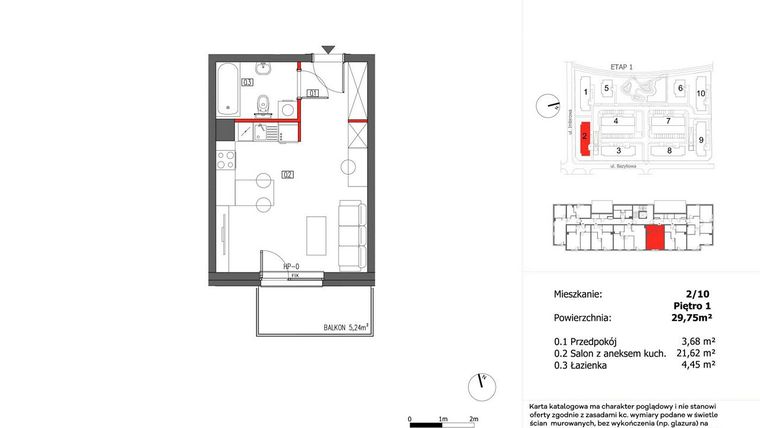 Rzut - Mieszkanie na sprzedaż 1 pokój o powierzchni 29,75 m² - numer 2/10 w Słoneczny Zakątek