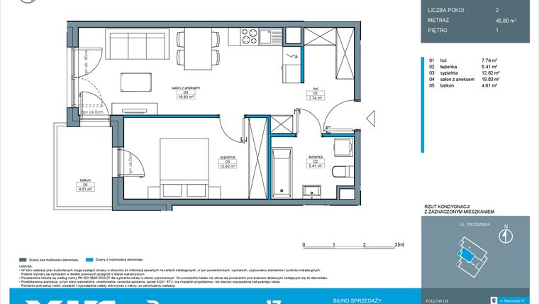 Rzut - Mieszkanie na sprzedaż 2 pokoje o powierzchni 45,8 m² - numer B.2.2 w Rakoczego 17
