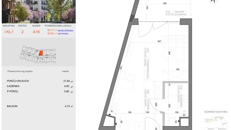 Rzut - Mieszkanie na sprzedaż 1 pokój o powierzchni 29,69 m² - numer I-A16 w Industria etap I-A