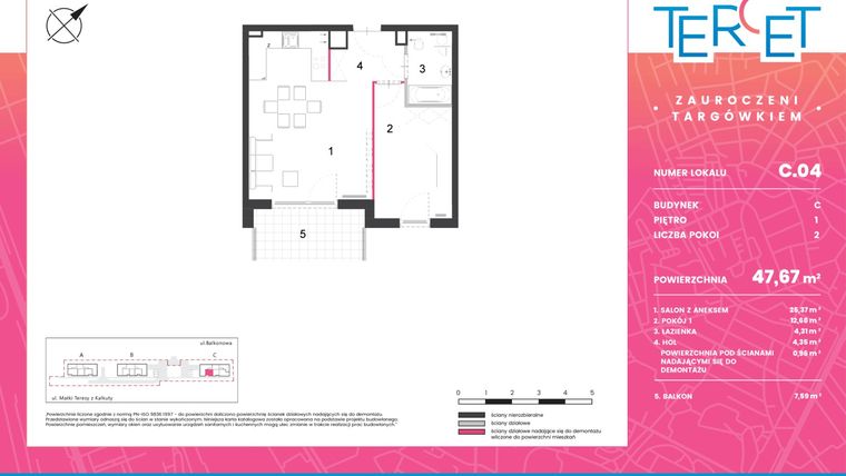 Rzut - Mieszkanie na sprzedaż 2 pokoje o powierzchni 47,67 m² - numer C.04 w Osiedle Tercet