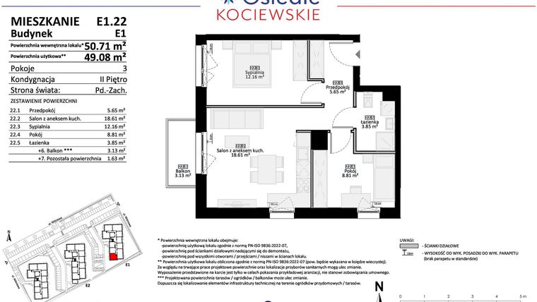 Rzut - Mieszkanie na sprzedaż 3 pokoje o powierzchni 49,08 m² - numer E1.22 w Osiedle Kociewskie bud. E