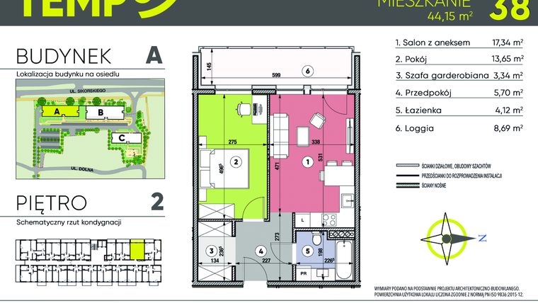 Rzut - Mieszkanie na sprzedaż 2 pokoje o powierzchni 44,15 m² - numer A38 w Osiedle TEMPO