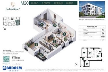 Rzut - Mieszkanie na sprzedaż 3 pokoje o powierzchni 60,2 m² - numer 20 w Badurskiego 7