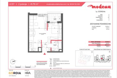 Rzut - Mieszkanie na sprzedaż 1 pokój o powierzchni 41,79 m² - numer A.137 w Modena II