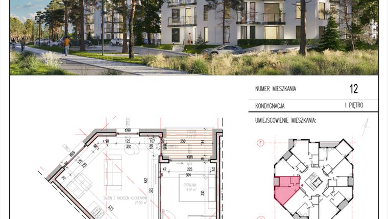 Rzut - Mieszkanie na sprzedaż 2 pokoje o powierzchni 42,89 m² - numer 12 w Grasera 12
