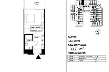 Rzut - Mieszkanie na sprzedaż 1 pokój o powierzchni 30,7 m² - numer 006 w Apollo Resort