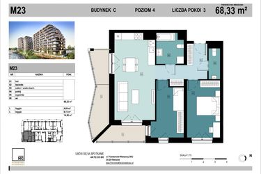 Rzut - Mieszkanie na sprzedaż 3 pokoje o powierzchni 68,33 m² - numer C23 w Panorama Kwiatkowskiego