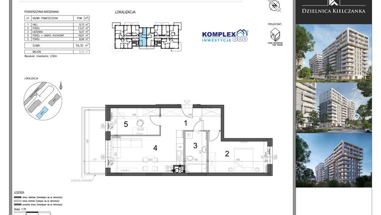Rzut - Mieszkanie na sprzedaż 3 pokoje o powierzchni 56,3 m² - numer 25 w Dzielnica Kielczanka etap II
