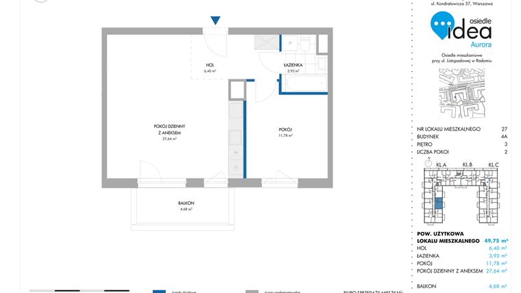 Rzut - Mieszkanie na sprzedaż 2 pokoje o powierzchni 49,75 m² - numer 27.4A w Osiedle Idea Aurora