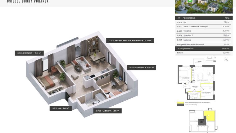 Rzut - Mieszkanie na sprzedaż 3 pokoje o powierzchni 55,66 m² - numer D.2.9 w Dobry Poranek