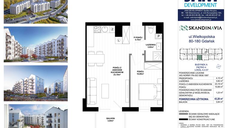 Rzut - Mieszkanie na sprzedaż 2 pokoje o powierzchni 43,28 m² - numer A.4.57 w Skandinavia