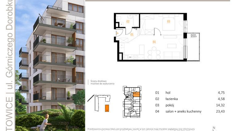 Rzut - Mieszkanie na sprzedaż 2 pokoje o powierzchni 47,08 m² - numer A_33 w Zielony Nikiszowiec