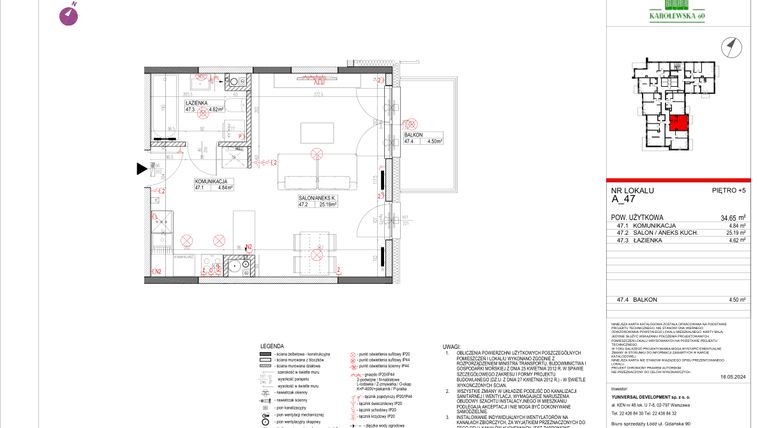 Rzut - Mieszkanie na sprzedaż 1 pokój o powierzchni 34,65 m² - numer A.47 w Karolewska 60