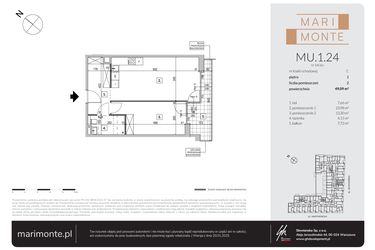 Rzut - Mieszkanie na sprzedaż 2 pokoje o powierzchni 49,09 m² - numer MU.1.24 w Marimonte - apartamenty inwestycyjne