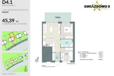 Rzut - Mieszkanie na sprzedaż 3 pokoje o powierzchni 45,39 m² - numer D4.1 w Gwiazdowo II