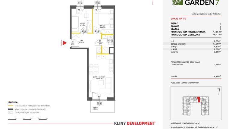 Rzut - Mieszkanie na sprzedaż 3 pokoje o powierzchni 46,41 m² - numer 50 w Nova Viva Garden 7