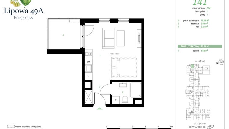 Rzut - Mieszkanie na sprzedaż 1 pokój o powierzchni 26,54 m² - numer 141C w Lipowa 49A